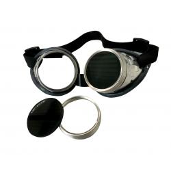 LUX.  Schraubringbrille aus vernickeltem Eisenblech, mit Lederwulstpolster 